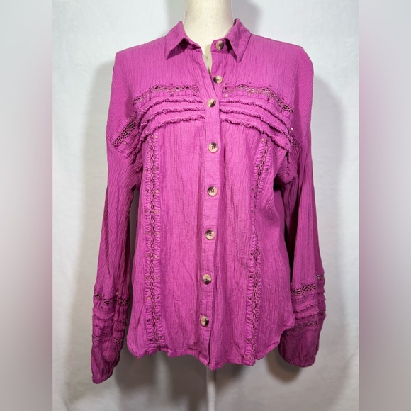 Free People Summer Stars Button Front Shirt Women’s Size XL Pink Boho Electra - Picture 3 of 8